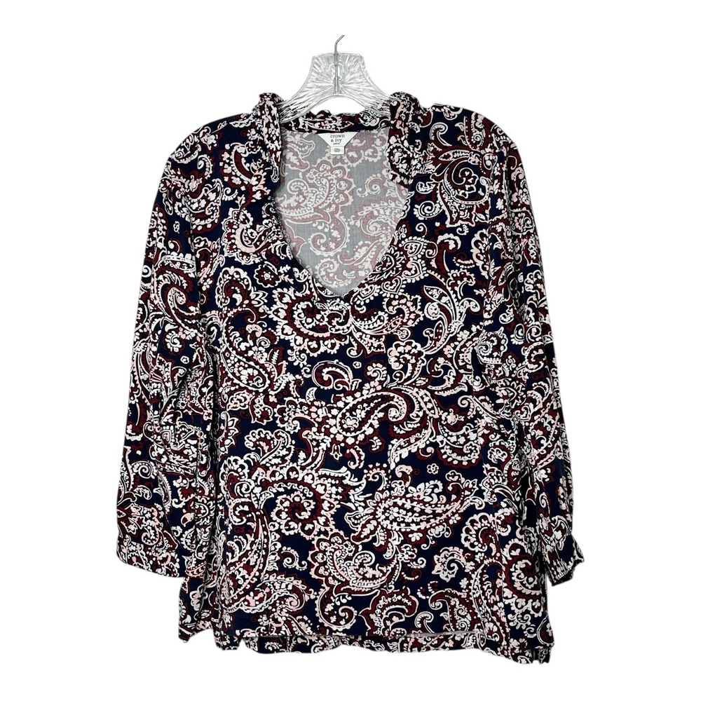 Crown & Ivy Paisley Blouse Petite Long Sleeve Button Cuff Navy Red Pink Size PXL